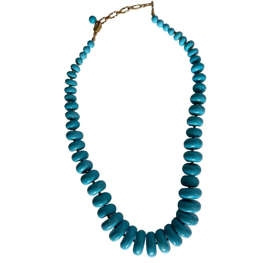 Vintage Lee Sands Beaded Necklace 18" Teal Discs Gold Tone Beads and Chain